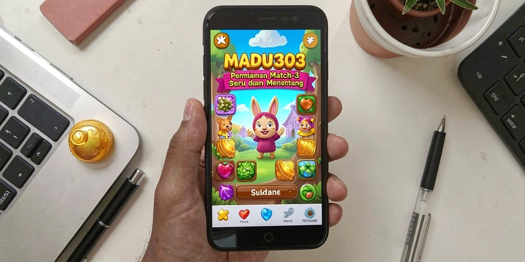 Screenshot MADU303 menunjukkan aksi mencocokkan elemen dengan grafis cerah.